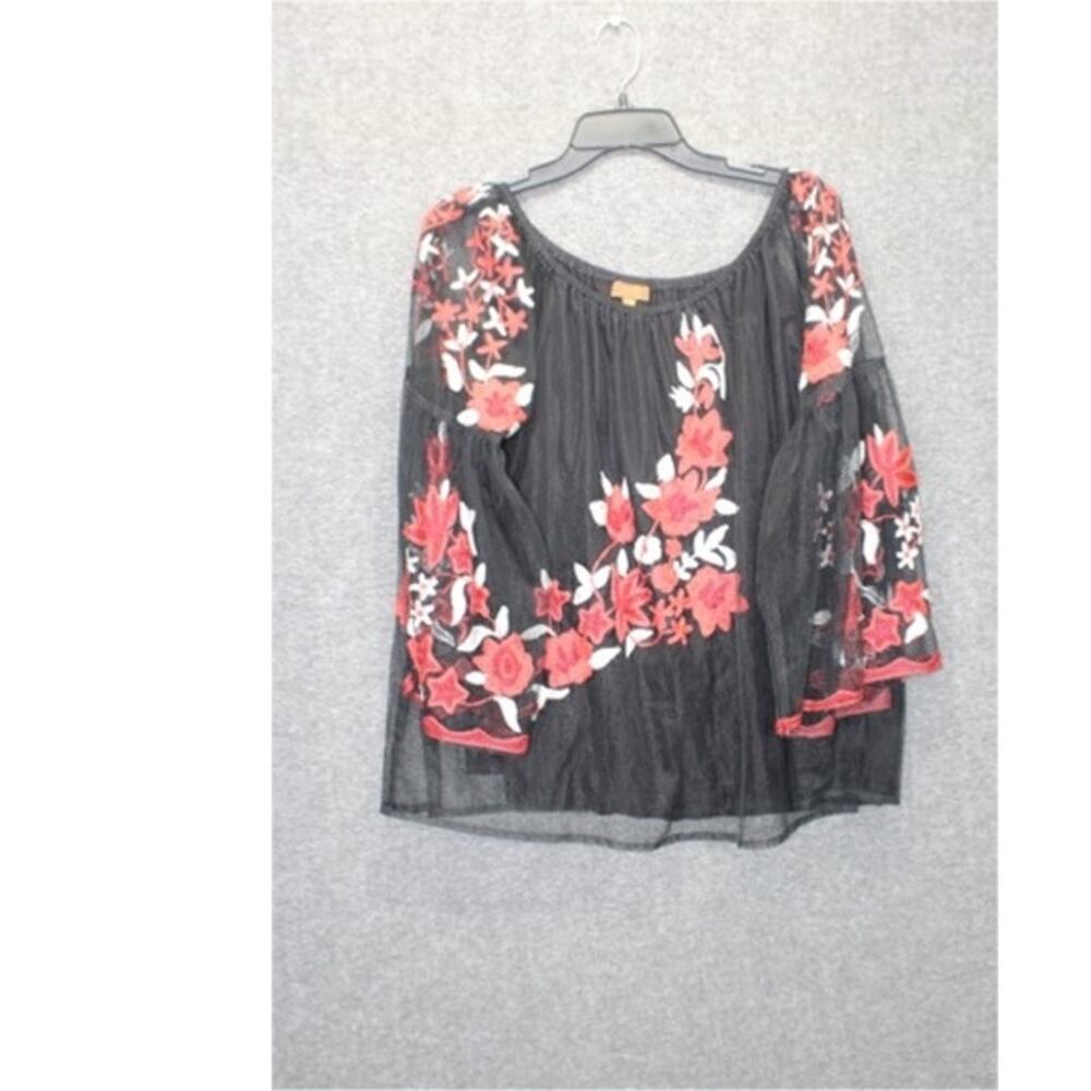 Womens Scully Blouse Size 2XL Floral Embroidered Black Red Bell Sleeves